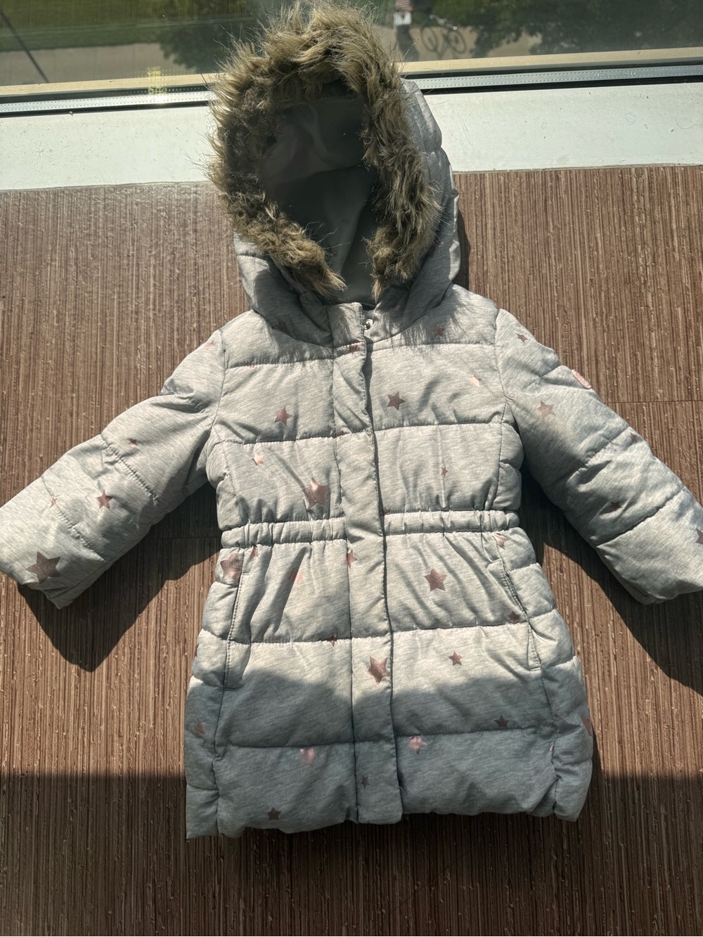 GAP Kids Light Gray Star-Print Hooded Puffer Coat